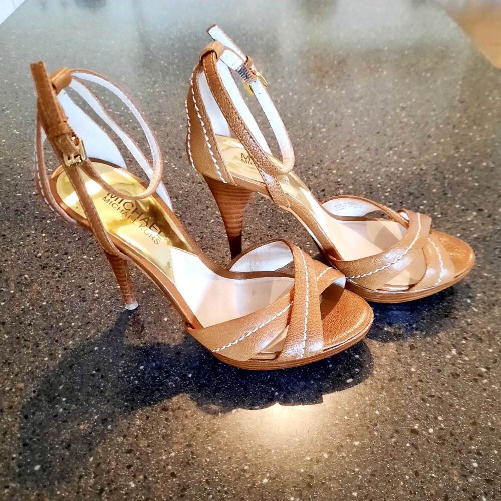 Great Condition Michael Kors Cognac Leather Platform Stilettos, Size 6M